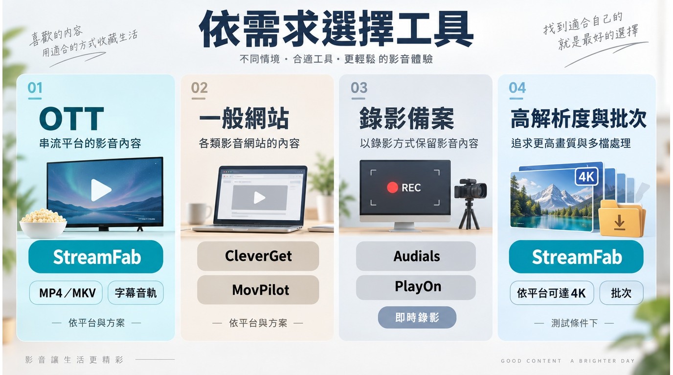 依Netflix、Disney+、一般網站、錄影與批次需求選擇CleverGet替代方案