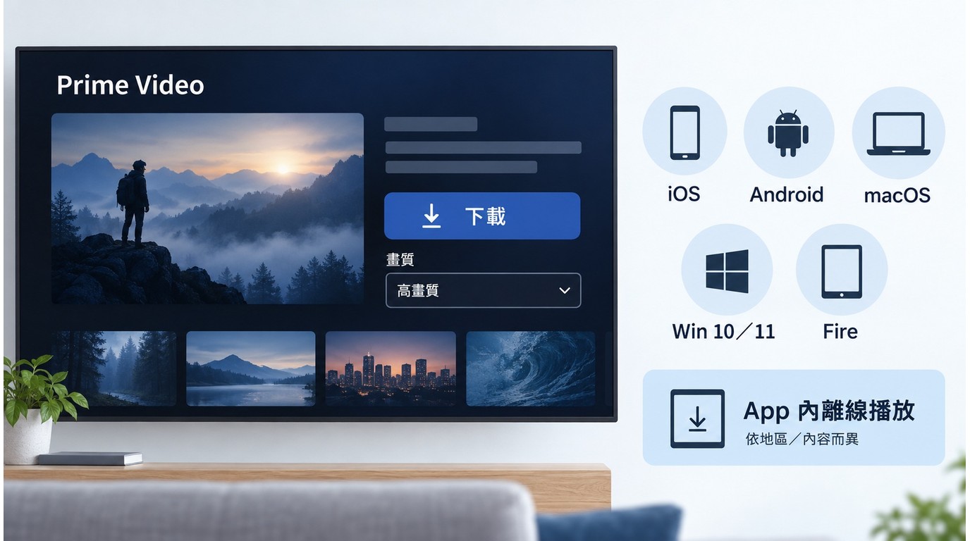 Prime Video內容頁的下載按鈕與支援裝置,下載後仍須在App內離線播放