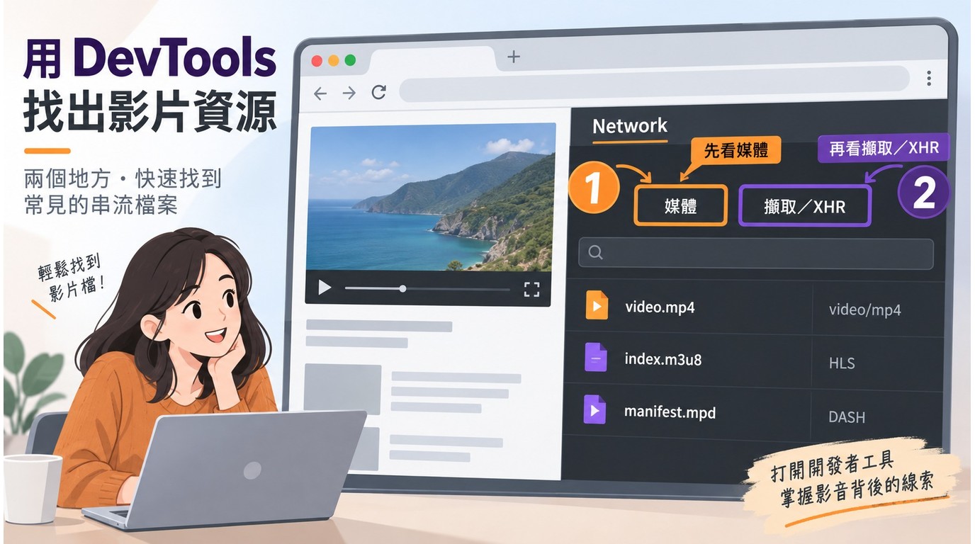 Chrome開發人員工具顯示MP4、M3U8與MPD請求的篩選位置