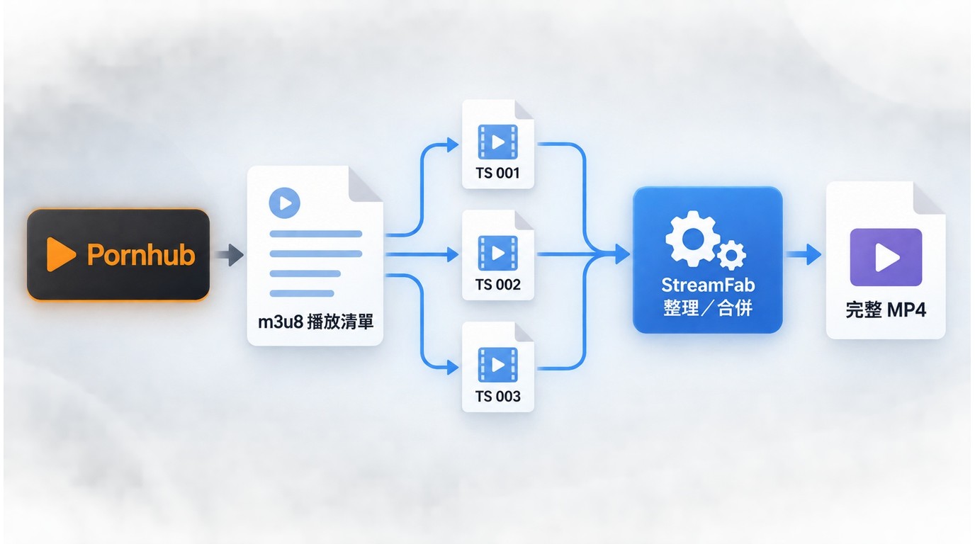 Pornhub影片透過m3u8播放清單連接TS或fMP4等分段的HLS示意