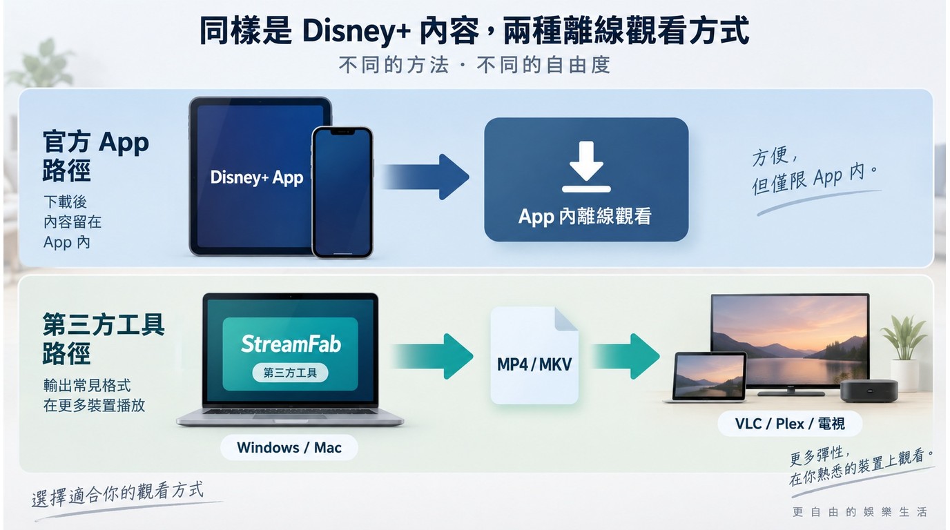 Disney+ App離線觀看與桌面工具輸出MP4／MKV的流程差異