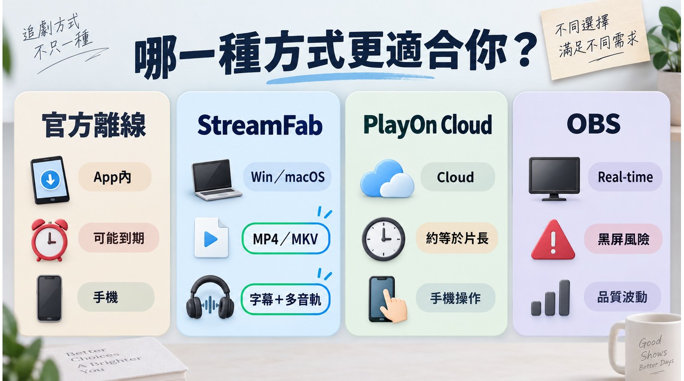 官方離線、StreamFab、PlayOn Cloud與OBS的裝置、輸出及限制比較