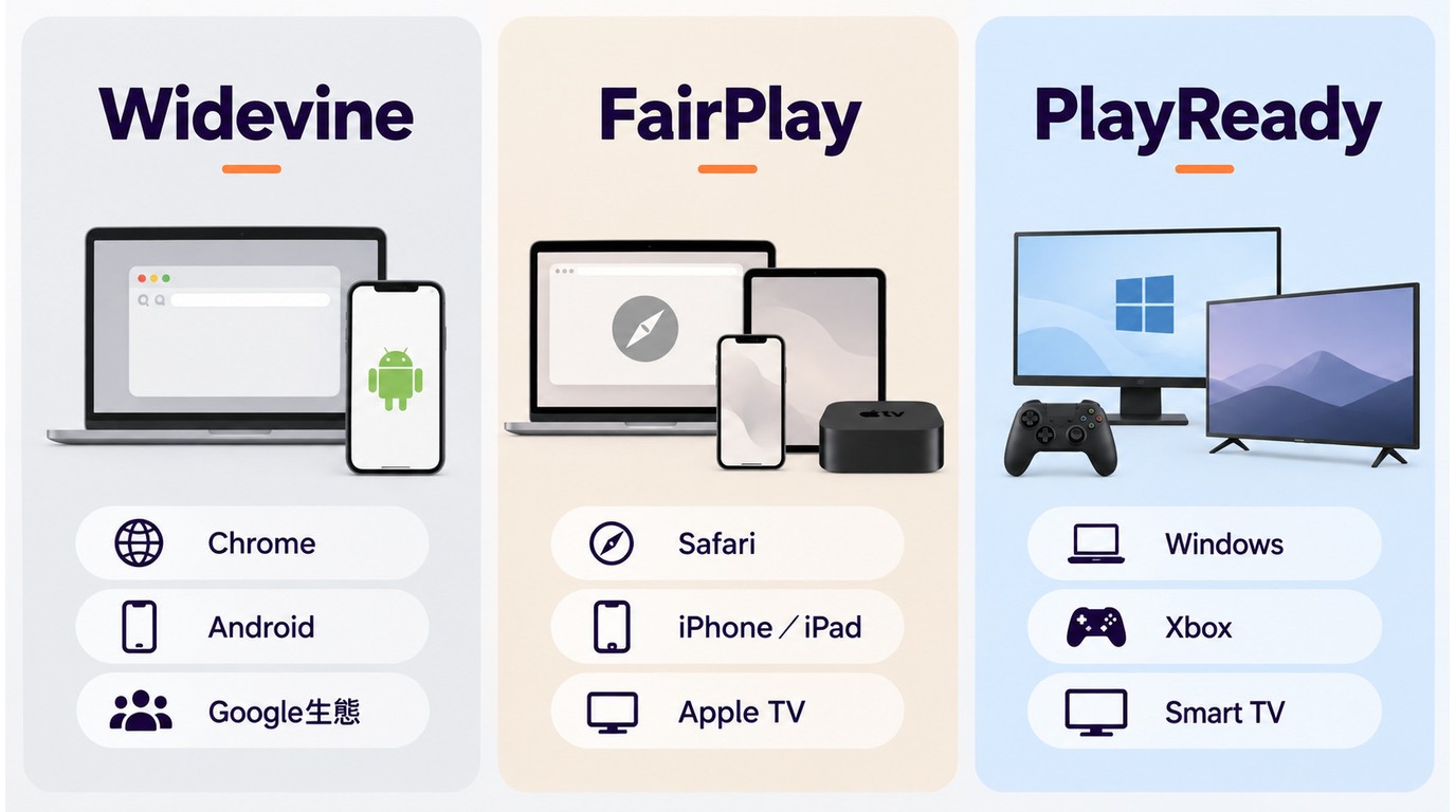 Widevine、FairPlay與PlayReady對應的瀏覽器、裝置及使用環境
