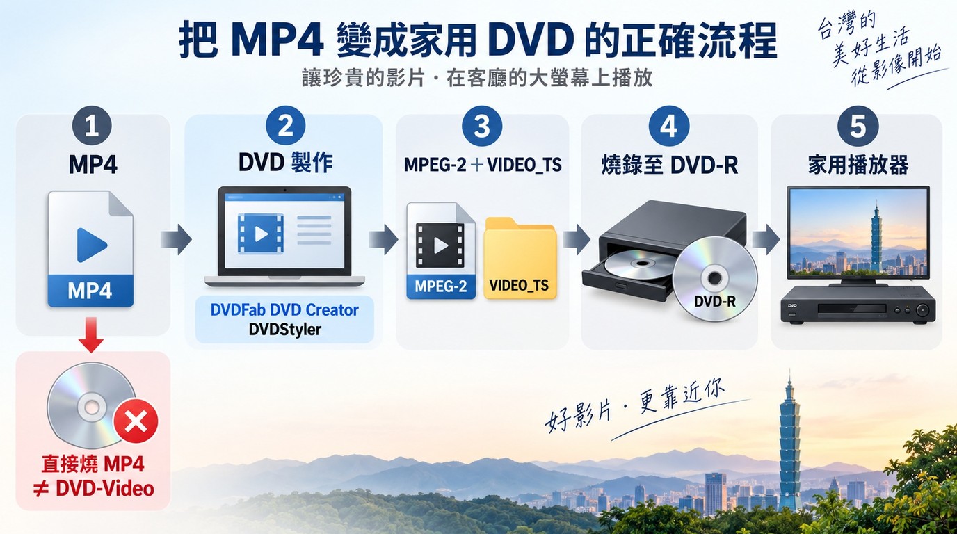 MP4 經 MPEG-2 編碼與 VIDEO_TS 製作後燒錄成 DVD-Video 的流程