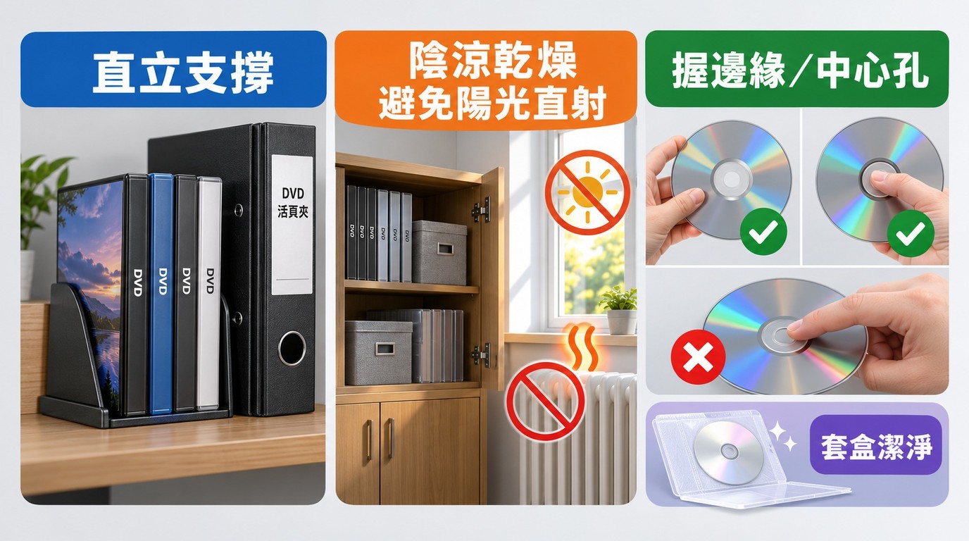 DVD 盒與活頁夾直立保存，並示範避光防潮及正確握持光碟