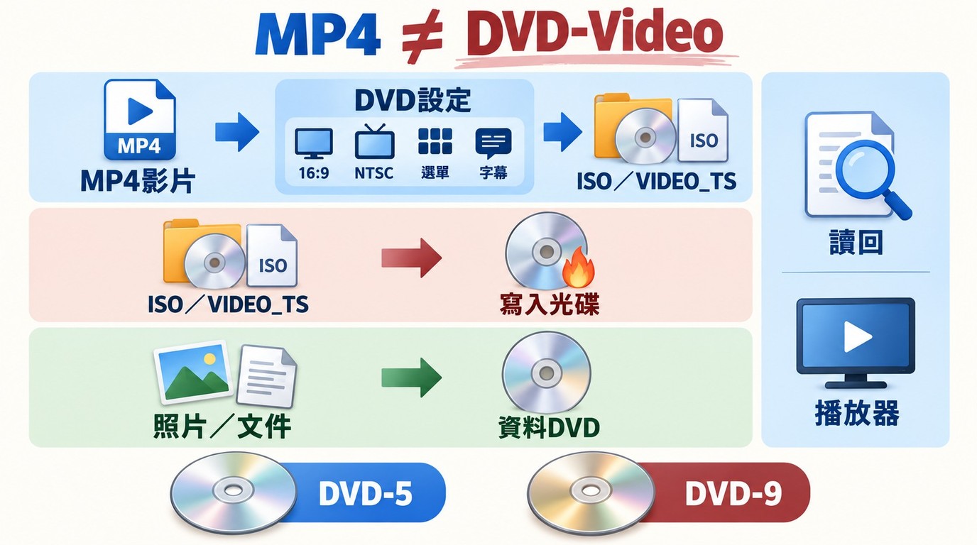 MP4、ISO、VIDEO_TS 與資料檔案對應不同 DVD 製作及驗證流程