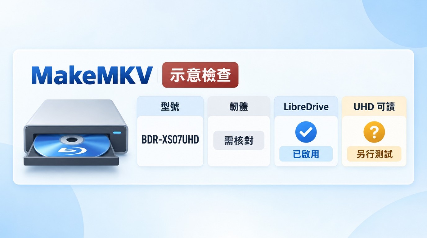MakeMKV 光碟機資訊面板，標示 LibreDrive、韌體與 UHD 讀取狀態